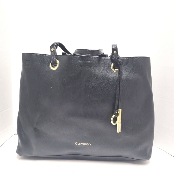 Calvin Klein Black Leather Tote with Gold Hardware + Matching Pouch - Picture 3 of 13